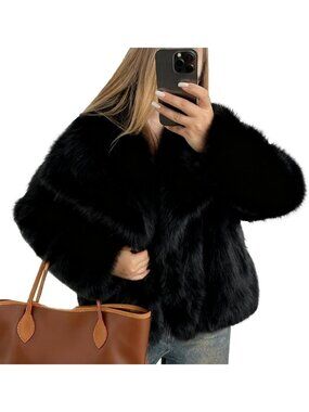 Cropped Fluffy Faux Fur Coat | Open Front Long Sleeve Furry Jacket with Pockets